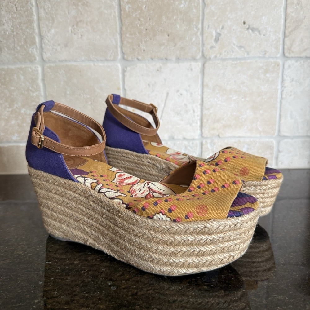 Tory Burch Espadrille Platform Wedge 8M Sherri Mid Wedge Purple/Multi